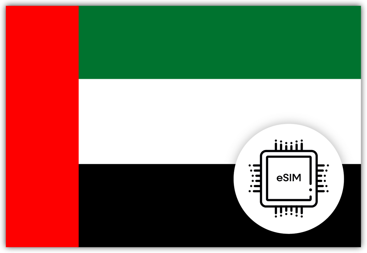 UAE eSIM – Travel connectivity for UAE. Image featuring the UAE flag and eSIM icon