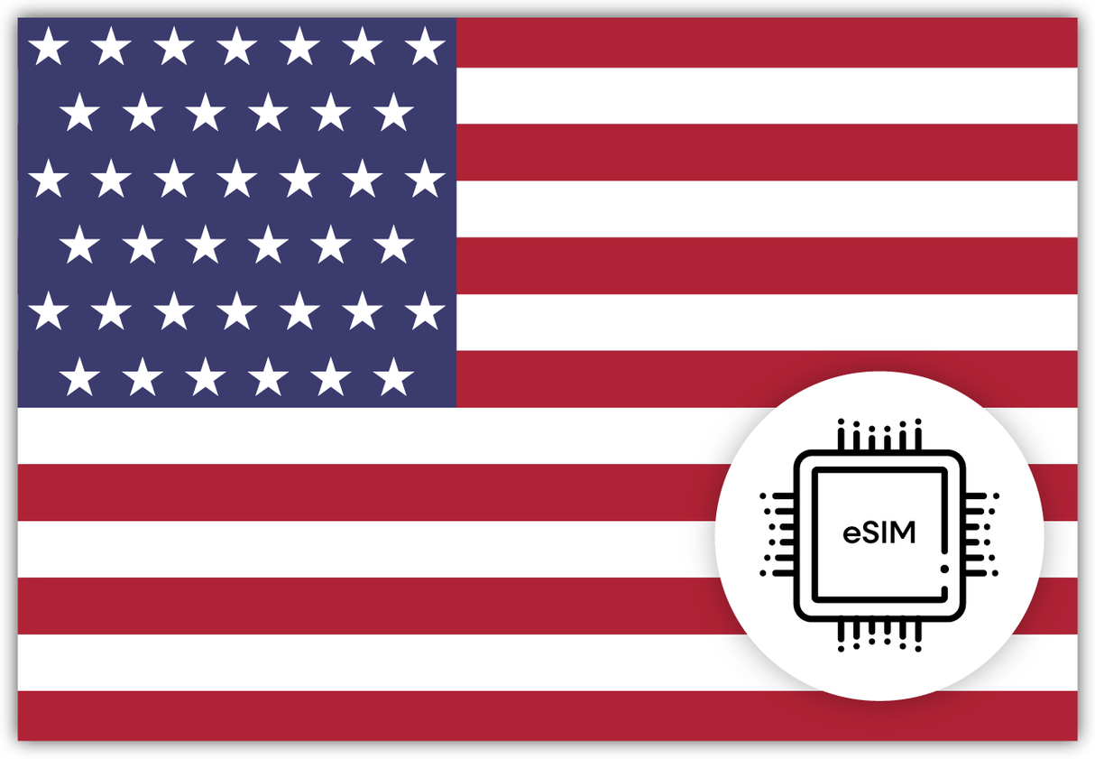 USA eSIM – Travel connectivity for the USA. Image featuring the US flag and eSIM icon
