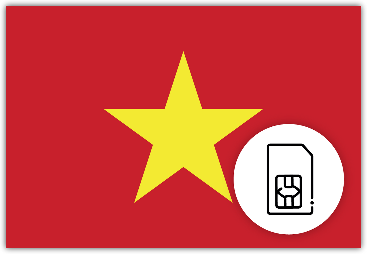 Vietnam SIM Card – Travel connectivity for Austria. Image featuring the Vietnamese flag and a SIM card icon.