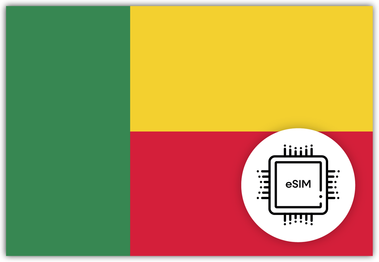 Benin eSIM – Travel connectivity for Benin. Image featuring the Benin flag and an eSIM icon.
 