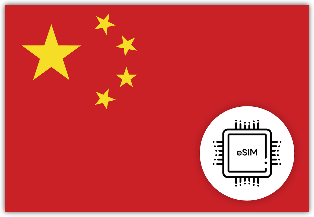 China eSIM – Travel connectivity for China. Image featuring the Chinese flag and an eSIM icon.
