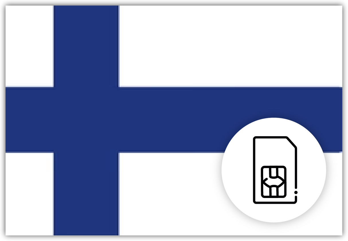 Finland SIM Card – Travel connectivity for Finland. Image featuring the Finnish flag and SIM Card icon