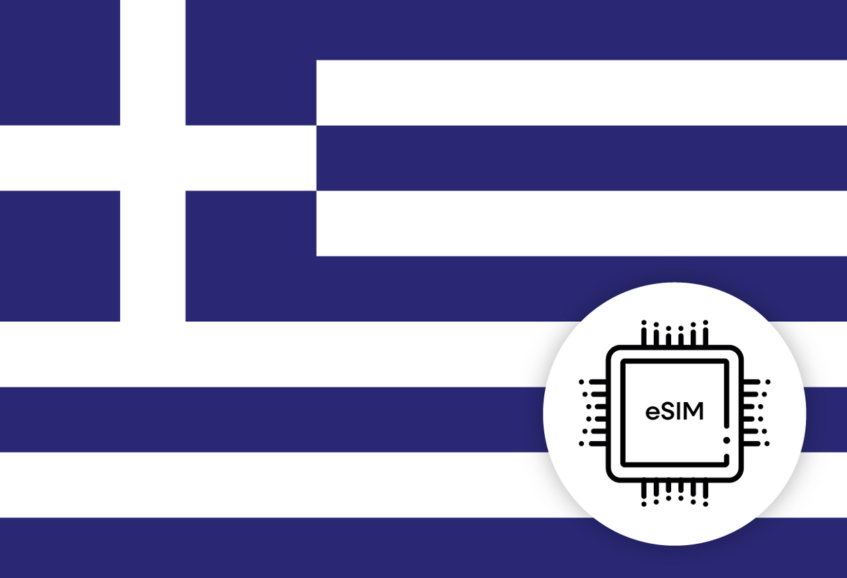 Greece eSIM – Travel connectivity for Greece. Image featuring the Greek flag and an eSIM icon