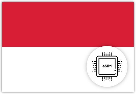 Indonesia eSIM – Travel connectivity for Indonesia. Image featuring the Indonesian flag and a eSIM icon