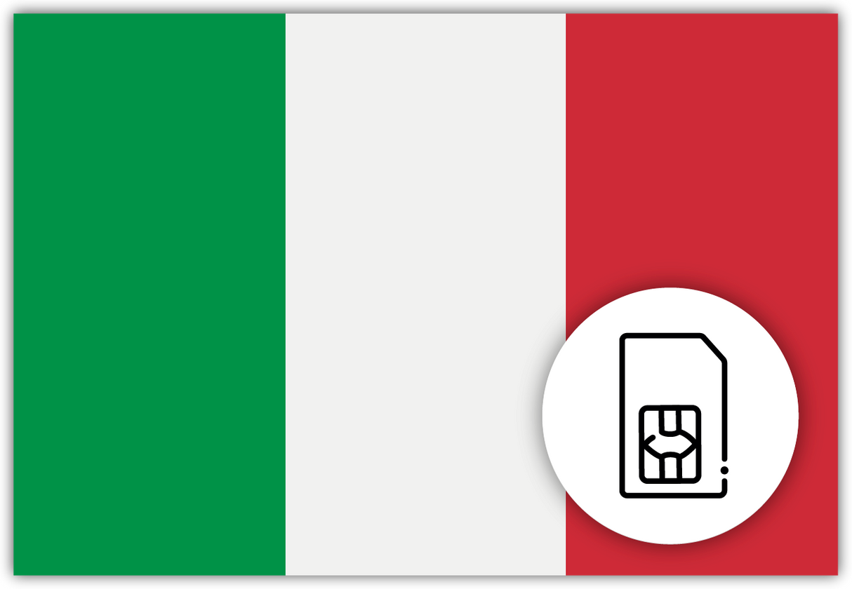 Italy SIM Card – Travel connectivity for Italy. Image featuring the Italian flag and a SIM Card icon